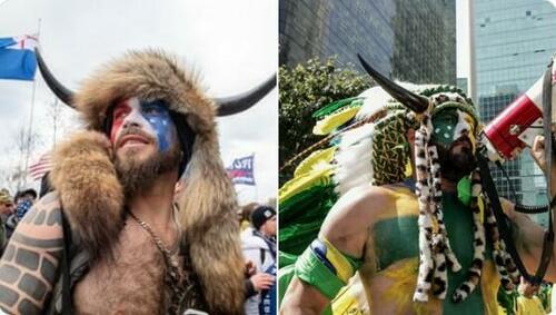 Shaman protestors, American and Brazilian.