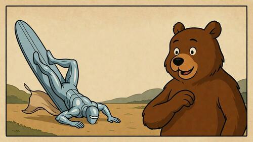 A bemused bear watching the Silver Surfer faceplant. 