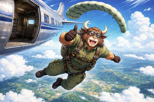 An anthropomorphic bull jumping out of a silver plane with a parachute. 