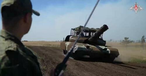 A Russian tank during training maneuvers. Screen capture via Russia's Ministry of Defense.