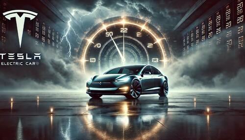 A Tesla coupe in front of a giant clock, with the scene painted in ominous colors. 