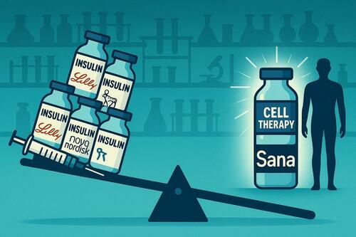 A seesaw with Sana's cell therapy on one side and Lilly and Novo Nordisk's insulin on the other. A seesaw with Sana's cell therapy on one side and Lilly and Novo Nordisk's insulin on the other.