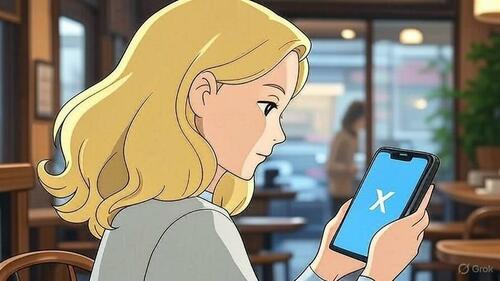 A woman looking at X on her phone, Studio Ghibli style.