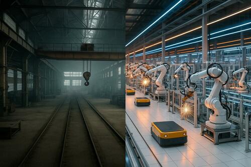 An ideal American factory split-screened with a bustling, automated, Chinese one.