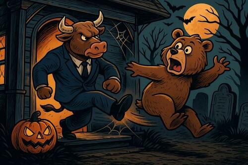 An anthropomorphic bull kicks an anthropomorphic bear out of a haunted house.