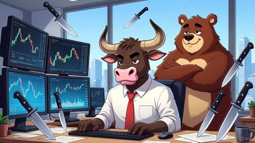 A bull at his trading desk with knives stuck in it while a smug bear stands behind him. 