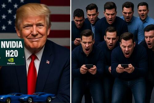 Trump holding up an Nvidia H20 chip while pundits angrily post on their phones. 