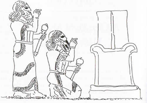 Tukulki Ninurta I standing then kneeling before the empty throne where once his god sat and told him what to do. Image credit: Julian Jaynes, The Origin of Consciousness in the Breakdown of the Bicameral Mind page 224.