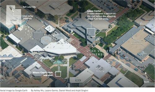 Annotated Google Earth image of the rooftop from which Charlie Kirk was shot.