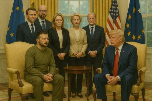 European leaders standing behind Zelensky in a White House meeting with Trump