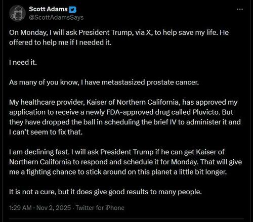 “I Am Declining Fast”: Cancer-Striken Scott Adams Urges Trump To Help Secure Treatment After Kaiser ‘Dropped the Ball’