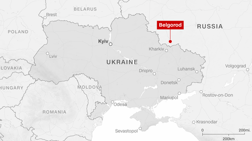 Mapa: Belgorod se encuentra a unas 25 millas al norte de la frontera con Ucrania.