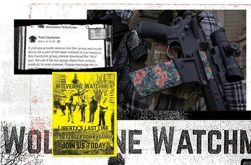 Exhibits from hearings in the case include screenshots of chats and flyers handed out by the Wolverine Watchmen. A boogaloo boy (top right) holds a rifle at a rally at the Michigan state Capitol in Lansing in October 2020.