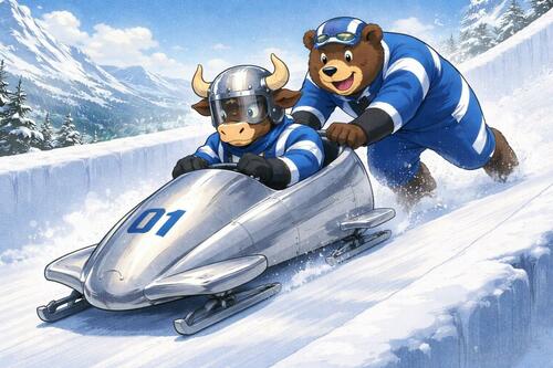 A bull and a bear bobsledding.