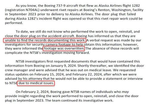 Boeing “Overwrote” Camera Footage of Work on MAX Jet Door That Blew Out, Can Not Identify Employee Who Worked on it