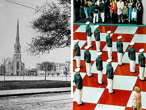 (Left) The Old Citadel is located on what is now Marion Square, in downtown Charleston, S.C., circa 1900. (Public Domain) (Right) The Citadel College moved to its current location in 1922, on Moultrie St, Charleston, S.C. (Library of Congress)