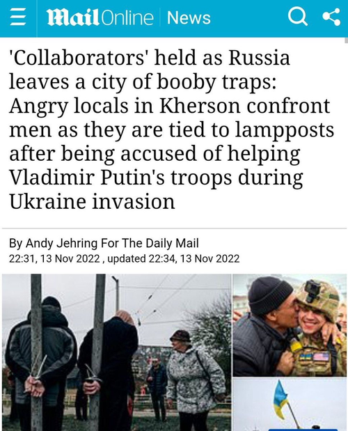Des collaborateurs détenus alors que la Russie laisse une ville piégée : Des habitants en colère de Kherson affrontent des hommes attachés à des lampadaires après avoir été accusés d'avoir aidé les troupes de Vladimir Poutine lors de l'invasion de l'Ukraine. "