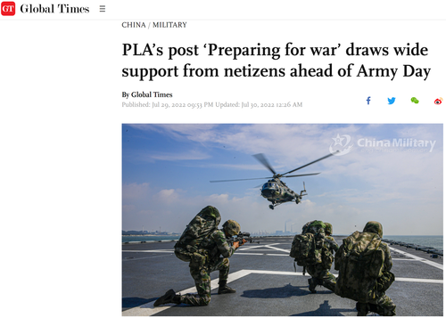 Chicom Army Tweets “Get Ready for War” as Pelosi Readies for Taiwan Trip