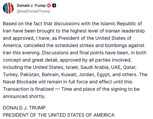 Trump Cancels Tonight's Planned Iran Strikes, Citing 'Highest Level' Talks, Even As Tehran Denies