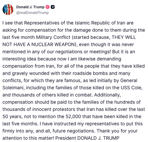 Trump Finally Responds To Iran's Demands, Counters US Is Owed "Compensation," Stops Short Of New Threats
