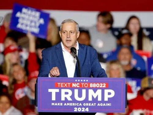 Michael Whatley, speaks before former President Donald Trump's arrival for a rally in Greensboro, N.C., on March 2, 2024. (Jonathan Drake/Reuters)