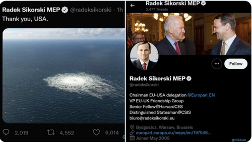 Radek Sikorski on Twitter thanking the USA with a graphic of the explosion of the Nordstream pipeline