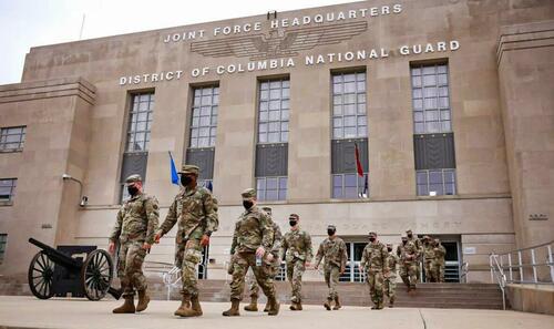 National Guard troops leave the Armory after ending their mission of providing security to the U.S. Capitol in Washington, on May 24, 2021. (Kevin Dietsch/Getty Images)