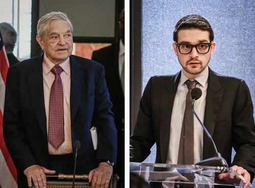 (Left) Billionaire George Soros attends a discussion with Commerce Secretary Penny Pritzker and Tunisian President Beji Caid Essebsi and a group of American business leaders at the Blair House in Washington on May 20, 2015. (Right) Alexander Soros, founder of the Alexander Soros Foundation, speaks onstage during a climate event at the Ford Foundation in New York City on April 21, 2016. (Mark Wilson/Getty Images, Dave Kotinsky/Getty Images for Ford Foundation)