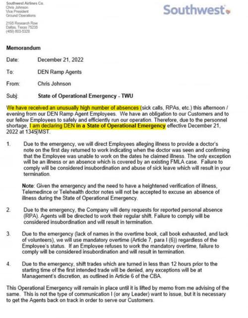 Leaked Southwest Memo Reveals "State Of Operational Emergency" Before Christmas Storm Southwest_0