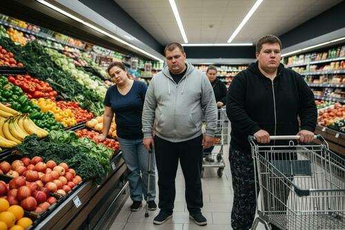 fruit and vegetable section of a supermarket full of sick people