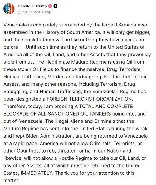 Trump Orders Full Blockade Of Sanctioned Oil Tankers Off 'Terrorist' Venezuela thumbnail