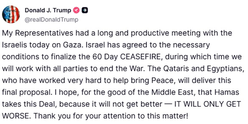 Trump Says Israel Agrees To 60-Day Gaza Ceasefire, Urges Hamas To Accept Trump Says Israel Agrees To 60-Day Gaza Ceasefire, Urges Hamas To Accept