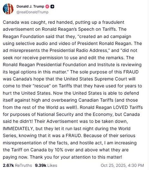 Trump Hikes Canada's Tariffs By 10% for Not Pulling Anti-Tariff Ad Immediately