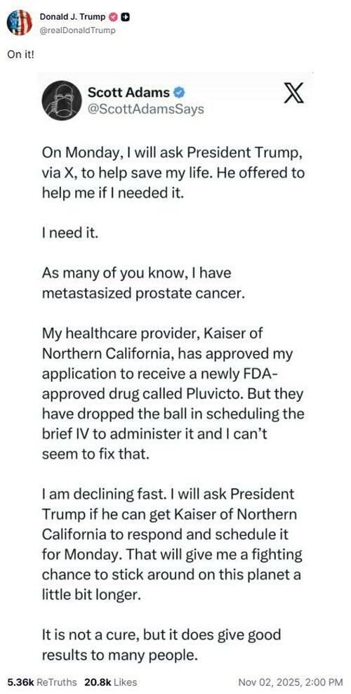 "I Am Declining Fast": Cancer-Striken Scott Adams Urges Trump To Help Secure Treatment; President Says "On It" thumbnail