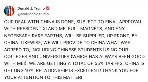 Trump Says China Deal “Done” With 55% Tariffs On Beijing; Will Work With Xi To Open Up China To US Trade – Tyler Durden