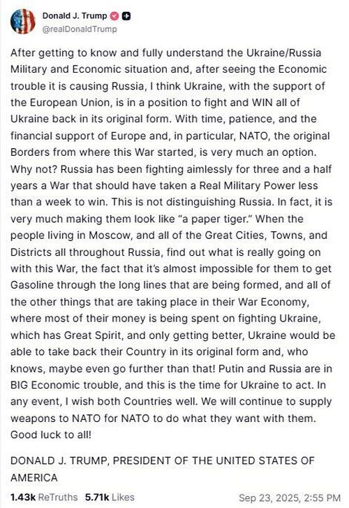 Trump Says Ukraine Can Win Back All Territory Lost to Russia