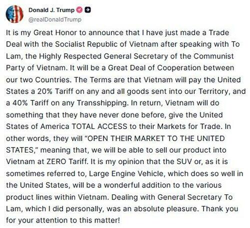 Trump Announces Trade Deal With Vietnam; Includes 20% Tariffs, 40% Tax On Transshipping