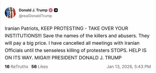 Oil Spikes After Trump Urges Iranians To Keep Protesting, Says "Help On Its Way"