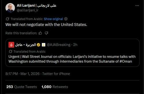 "We Will Not Negotiate": Iran Security Chief Denies WSJ Report